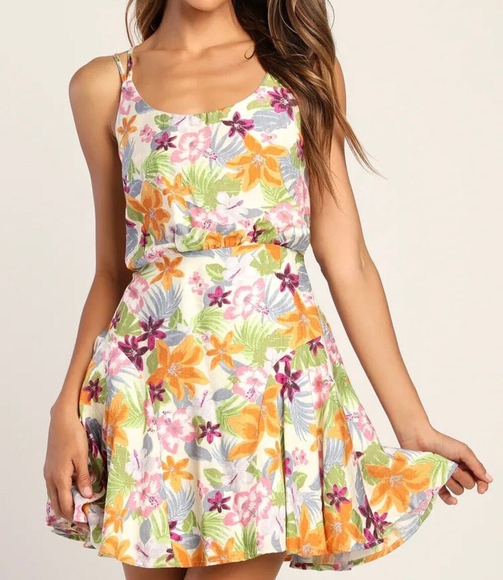 LULUS Bouquet of Blooms Floral Linen Mini Dress Small S